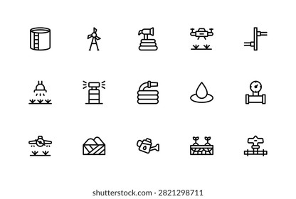 Irrigation waterways icon set for environmental projects. Professional and modern icons illustration emphasizing natural canals, stream flow, and water hydro.