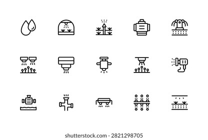 Irrigation waterways icon set for farming technology. Professional and modern icons illustration highlighting crop watering, stream channels, and water pumps.