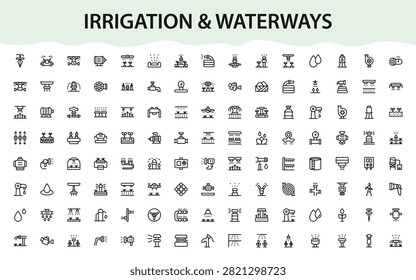 Irrigation waterways icon set for modern farming. Professional and modern icons illustration focusing on crop hydration, pipe supply, and river systems.