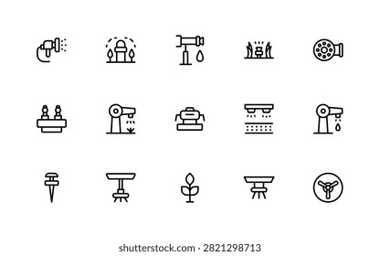Irrigation waterways icon set for smart agriculture. Professional and modern icons illustration featuring water canals, field sprinklers, and river flow systems.