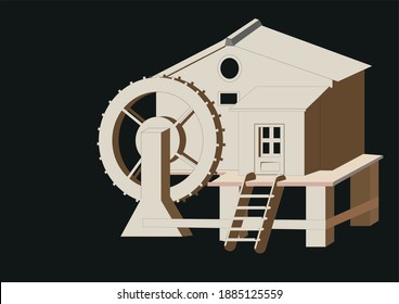 An irrigation waterwheel drawing next to a simple house
