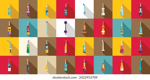 Irrigator teeth icons set flat vector. Water oral health. Medical pick flosser