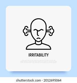 Irritability, annoyance thin line icon: man is angry and steam is coming out from his ears. Burnout, overworked. Vector illustration.