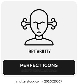 Irritability, annoyance thin line icon: man is angry and steam is coming out from his ears. Burnout, overworked. Vector illustration.