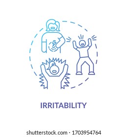 Irritability blue concept icon. Stress and anxiety. Furious girl. Frustrated employee. Psychological problem. Rotavirus symptom idea thin line illustration. Vector isolated outline RGB color drawing