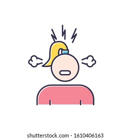 Irritability color icon. Annoyed girl. Angry woman. PMS symptom. Predmenstrual syndrome. Boiling emotion. Temper problem. Distress and rage. Displeased and resentful. Isolated vector illustration