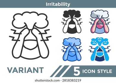 Irritability icon for illustrating frustration response systems, heightened emotional sensitivity patterns, and mood disturbance concepts. Line, Filled, Color, Dualtone style.