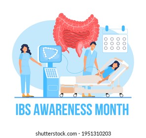 Se observó en abril un mes de concienciación sobre el síndrome de Bowel irritable. Vector de concepto de evento médico IBS. Pequeños médicos tratan enfermedades intestinales.