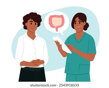 Mes de Concientización sobre el Síndrome del Intestino Irritable (SII). El médico habla con un paciente sobre la enfermedad intestinal. Un médico que estudia las enfermedades intestinales. Ilustración plana de Vector.