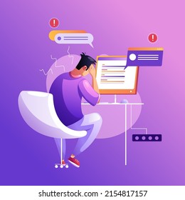 The irritable programmer did not cope with the task. Development of programming and coding technologies. A screen with codes, a developer working with a task. Isolated vector illustration.