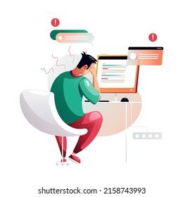 The irritable programmer did not cope with the task. Development of programming and coding technologies. A screen with codes, a developer working with a task. Isolated vector illustration.