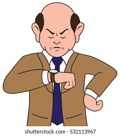 Irritated cartoon businessman is glaring at his watch