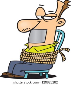 irritated cartoon man tied to chair with duct tape on his mouth