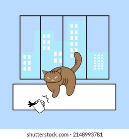 A irritated cat and trying to push beverage the cup fall from a table. Vector illustration. 