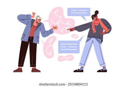 Irritated couple, angry friends quarrel in chat. People abuse, bullying with aggressive messages in internet. Communication problems concept. Flat isolated vector illustration on white background
