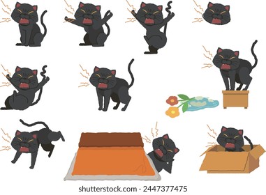 
Irritated and displeased black cat behavior illustration set