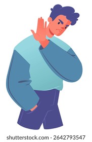 Irritated dissatisfied young man makes Stop gesture with his hand turning away from object of irritation. Concept of asserting personal boundaries, power to refuse. Topic of psychology