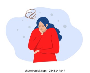 mujer triste frustrada irritada sintiéndose cansada por el problema de carácter de pie tocando la mejilla. Ilustración vectorial.