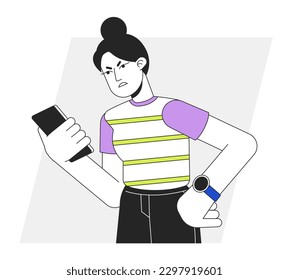 Irritated grumpy woman looking at phone flat line vector spot illustration. Girl clenching smartphone 2D cartoon outline character on white for web UI design. Editable isolated colorful hero image