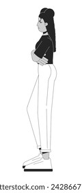 Irritated latina girl facing away side black and white 2D line cartoon character. Arms crossed female isolated vector outline person. Gesture body language monochromatic flat spot illustration