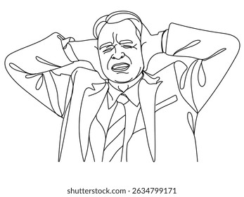 Homem Irritado. Homem irritado bloqueando suas orelhas, desenhado à mão ilustrações de vetor estilo linha	