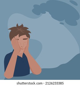 A irritated man holding his temples with both hands on blue background.One cute  spoiled man feeling bored. Vector isolate flat design concept for Psychology, unhappy,depression,bored,healthcare,sad.