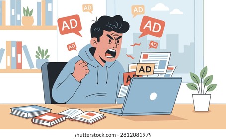Irritated man looking at his laptop screen which is completely covered with annoying advertisement pop-ups.