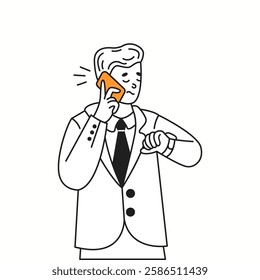 Irritated man talks on phone checking time orange color linear icon. Businessman in suit reflects impatience character doodle illustration