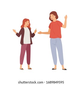 Irritated mother and daughter gesturing and scream each other vector flat illustration. Cartoon girl and woman having quarrel and negative emotion isolated on white. Problem of mutual aggression