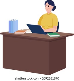 Irritated Principal Sitting At Desk Semi Flat Color Vector Character. Full Body Person On White. Feeling Angry Isolated Modern Cartoon Style Illustration For Graphic Design And Animation