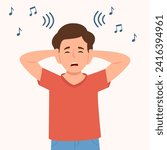 Irritated toddler covering her ears not to hear loud noises or music. Vector illustration