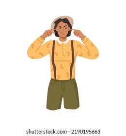 Irritated woman close ears by fingers, vector in flat cartoon style. Angry caucasian lady plugs ears by fingers, person does not want to hear or listen about problems