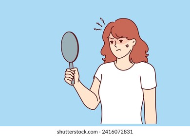 Irritated woman looks in mirror, feeling anger because skin problems or birthmark on face spoiling appearance. Teenage girl is dissatisfied with appearance due to lack proper skincare