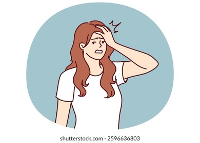 Irritated woman making face palm gesture after learning about delay in delivery from courier. Irritated girl puts hand on forehead showing anxiety and fatigue associated with psychological pressure