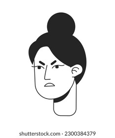 Irritated woman with top knot bun monochrome flat linear character head. Angry girl. Editable outline hand drawn human face icon. Furious lady 2D cartoon spot vector avatar illustration for animation