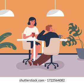 Irritated young mother drinking tea with bored son sitting at table in cafe vector flat illustration. Annoyed woman talking with yawn guy at cafeteria. Naughty teenage child discussing with female