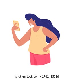 Irritated young woman looks at the screen of her phone. Vector illustration of girl with stunned emotion on face in flat style.