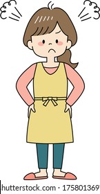 Irritated young woman in yellow apron