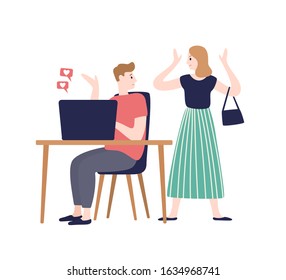 Irritating woman incriminating at treason of husband vector flat illustration. Male flirting chatting with another person at internet isolated on white. Love triangle and family conflict concept