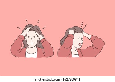 Irritation, headache, stress, tragedy set concept. Young irritated woman has tragedy and strong headache, holding her head. Headache causes raise of stress level and furious anger. Simple flat vector