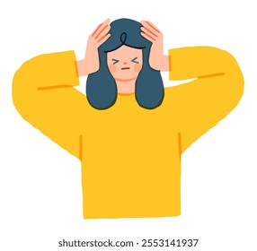 Irritation, headache, stress, tragedy set concept. Young irritated woman has tragedy and strong headache, holding her head. Headache causes raise of stress level and furious anger. Simple flat vector