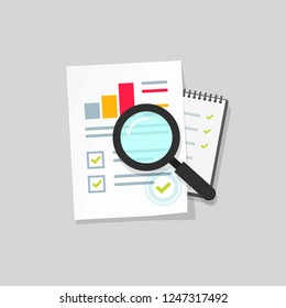 Irs audit service research inspect vector icon, flat cartoon paper internal revenue financial report data analysis on table, expense accounting analytics graphs charts, digital document success check