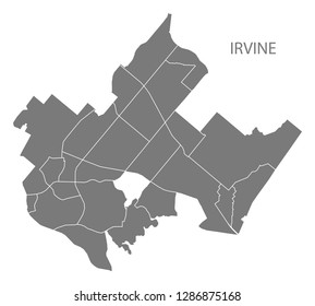 Irvine California city map with neighborhoods grey illustration silhouette shape