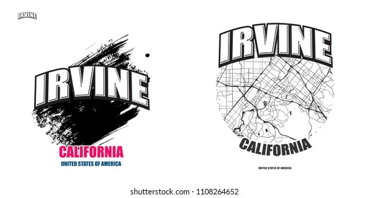 Irvine, California, logo design. Two in one vector arts. Big logo with vintage letters with nice colored background and one-color-version with map for every possible print production.