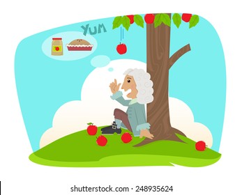 Isaac Applesauce - Cute Isaac Newton is sitting under an apple tree and getting ideas of applesauce and apple pie. Eps10