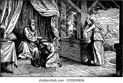 Isaac Deceives Jacob and Receives Esau's Blessing, vintage illustration