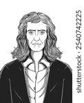 Isaac Newton 1643-1727 face drawing. Hand-drawn engraving of English physicist known for laws of motion and gravity. Vector black and white historical illustration.