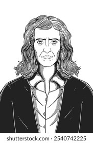 Isaac Newton 1643-1727 face drawing. Hand-drawn engraving of English physicist known for laws of motion and gravity. Vector black and white historical illustration.