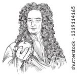 Isaac Newton (1643-1727) portrait in line art illustration. He was an astronomer, scientist, philosopher, mathematician and physicist who developed the principles of modern physics.