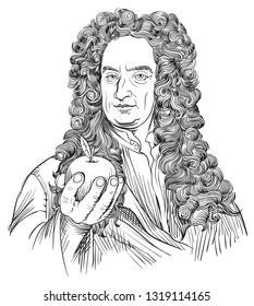 Isaac Newton (1643-1727) portrait in line art illustration. He was an astronomer, scientist, philosopher, mathematician and physicist who developed the principles of modern physics.